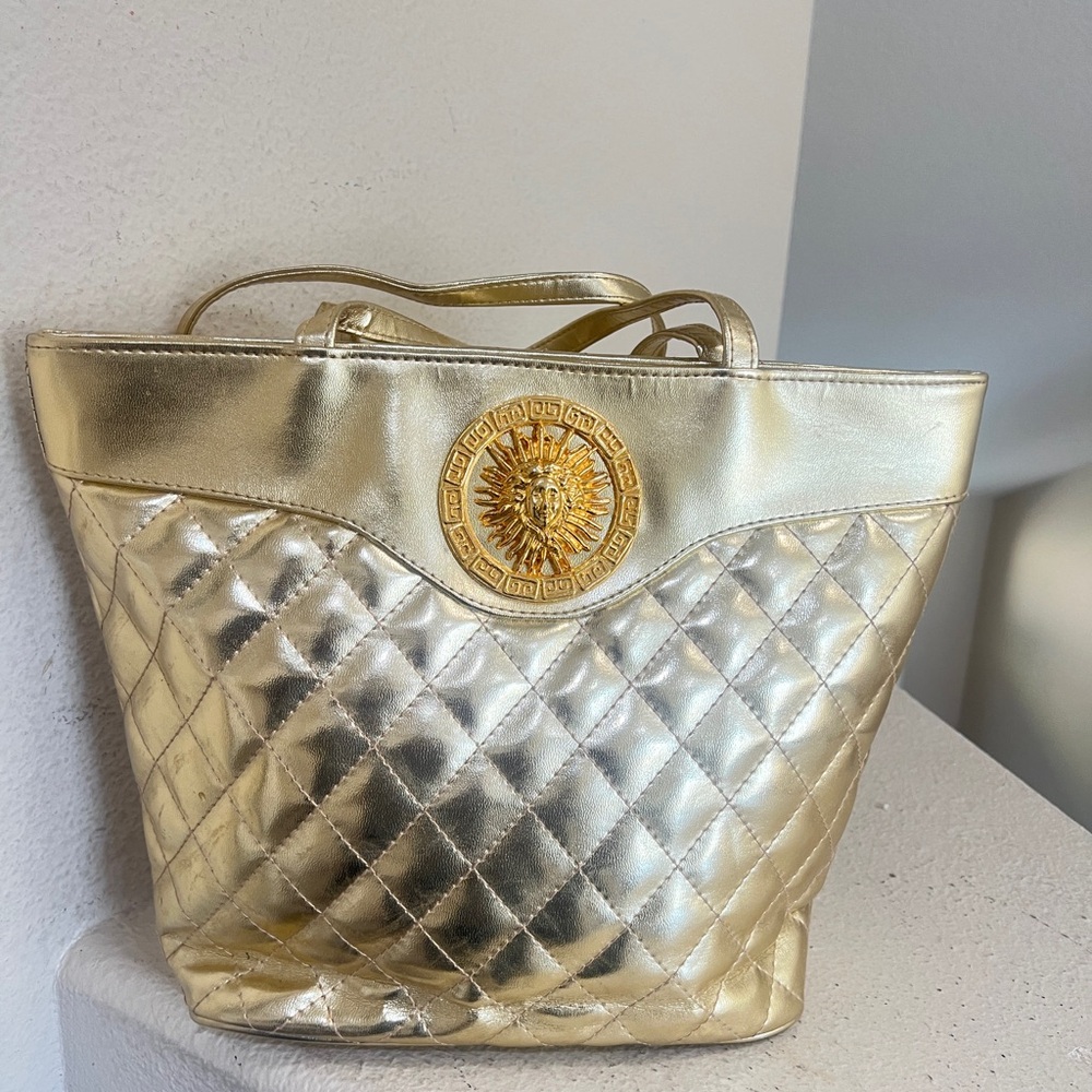 Unbranded Vintage Gold Quilted Large Tote Bag Handbag‎ Medusa metal logo bag